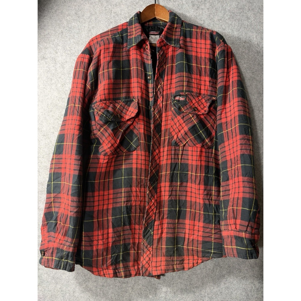 Dickies Quilted Lined Flannel Shirt Jacket Mens Red Black Plaid Workwear Sz Lrg